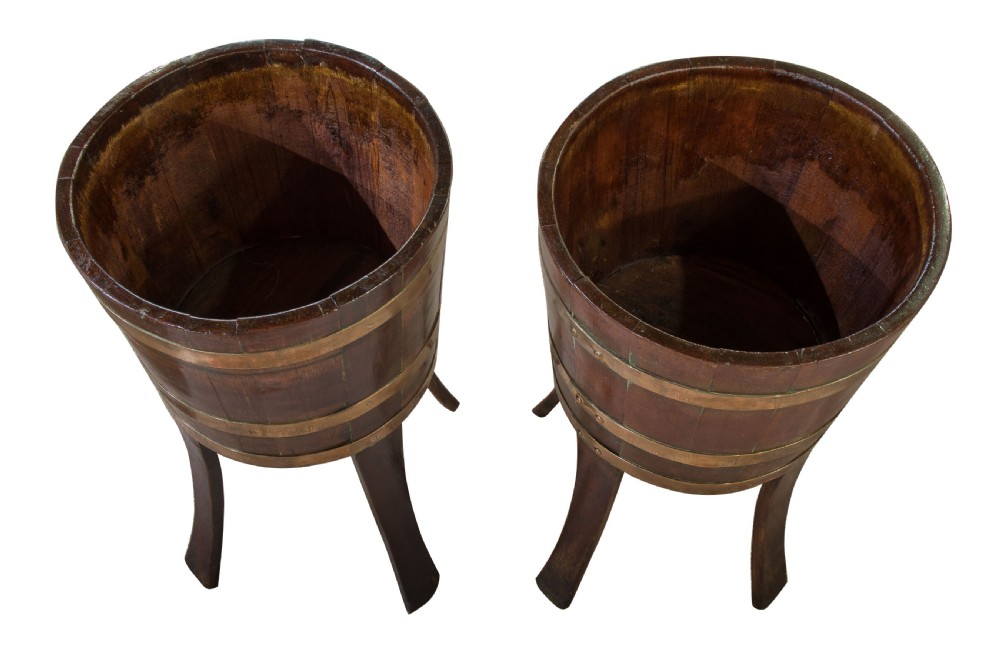 19thC pair of George III style brass bound coopered teak jardinieres View II