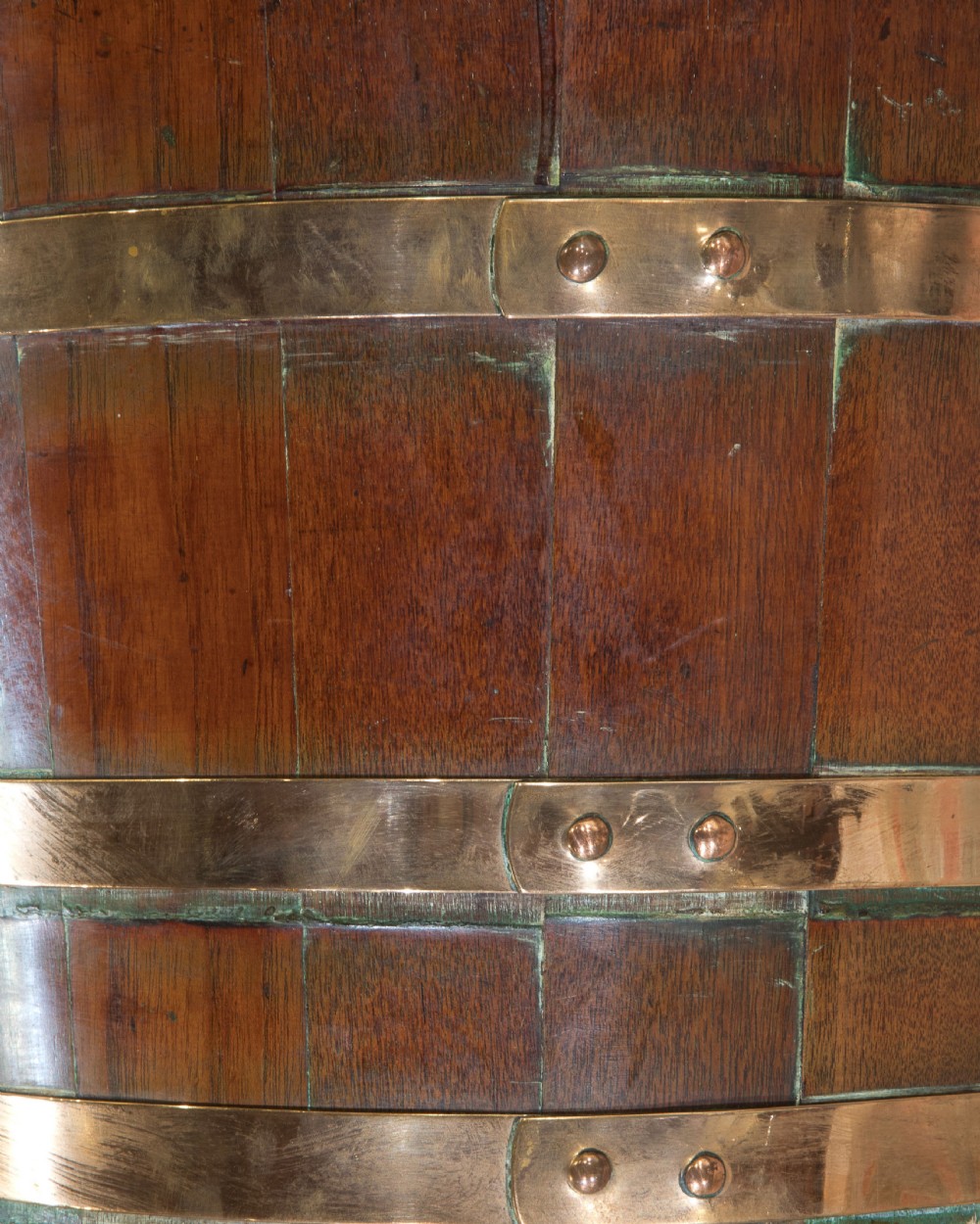 19thC pair of George III style brass bound coopered teak jardinieres View V