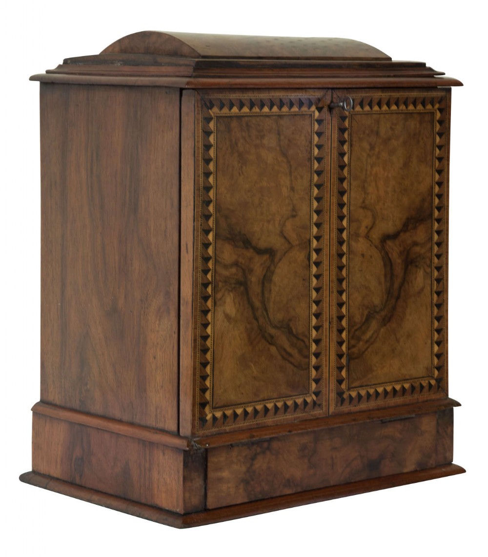 19thC Walnut and Marquetry inlaid stationary box with writing slope