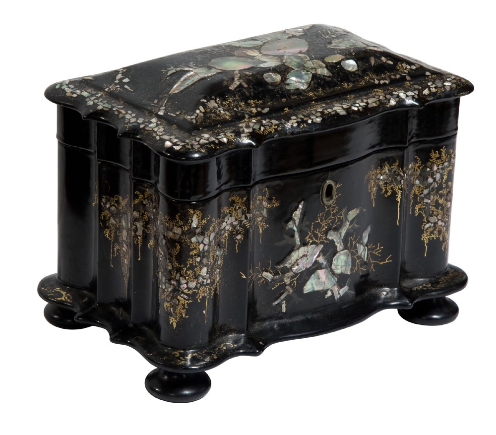 19thC papier mache with mother of pearl tea caddy