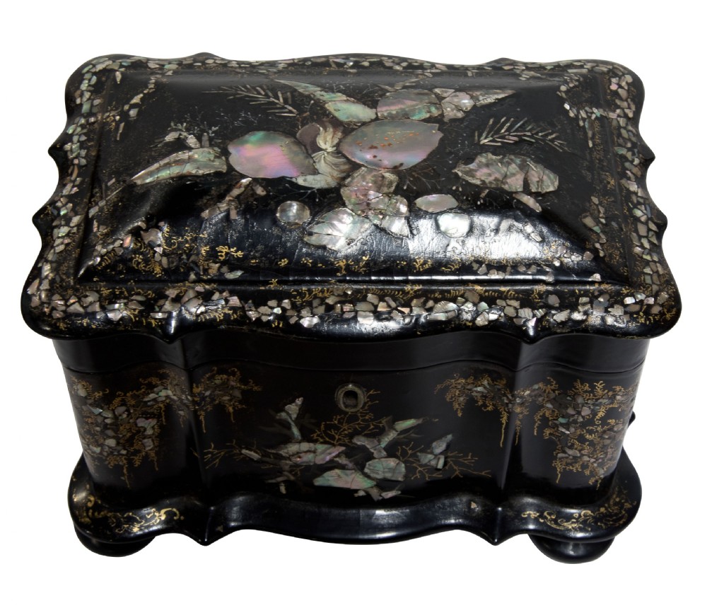 19thC papier mache with mother of pearl tea caddy View II