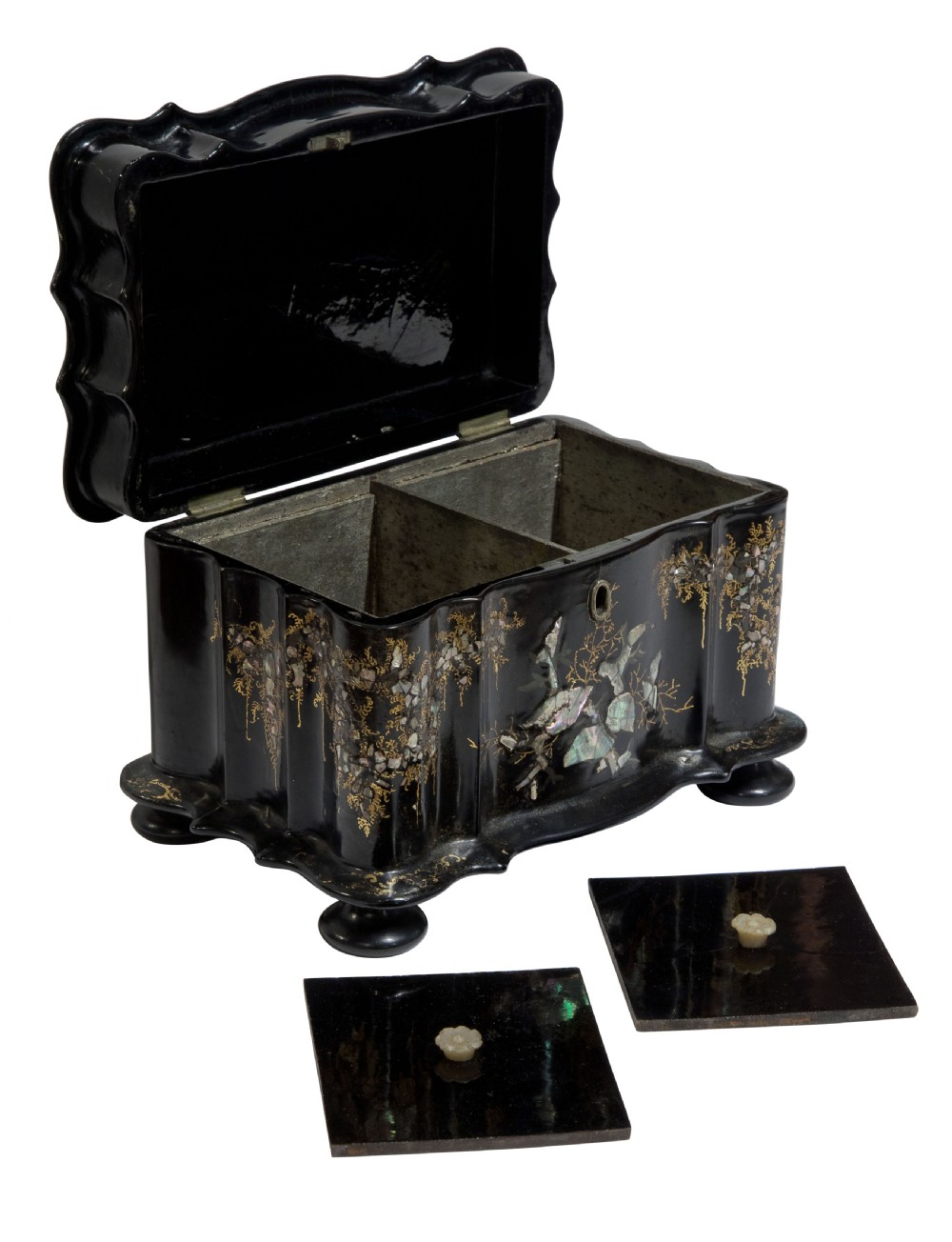 19thC papier mache with mother of pearl tea caddy View III