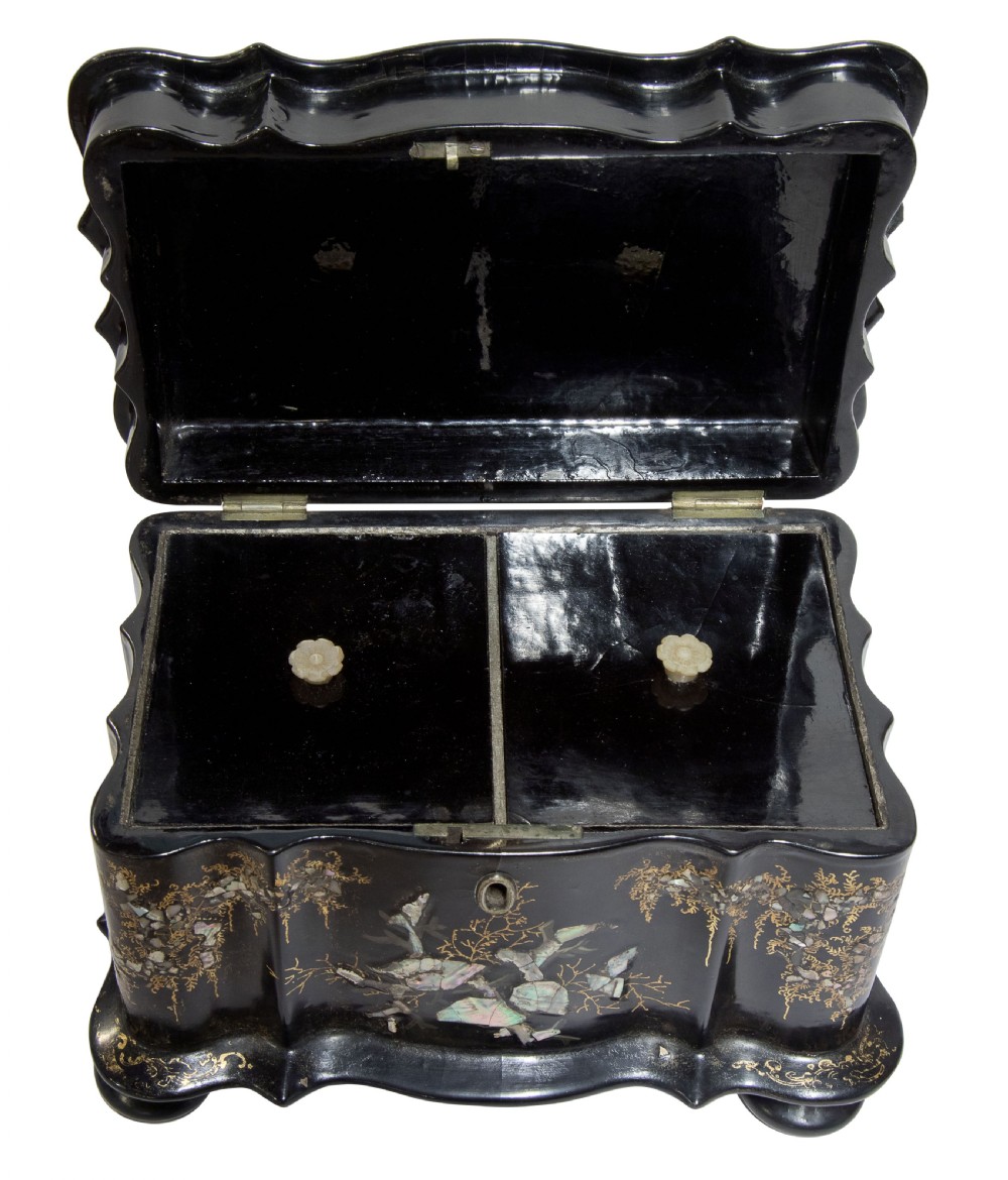 19thC papier mache with mother of pearl tea caddy View IV