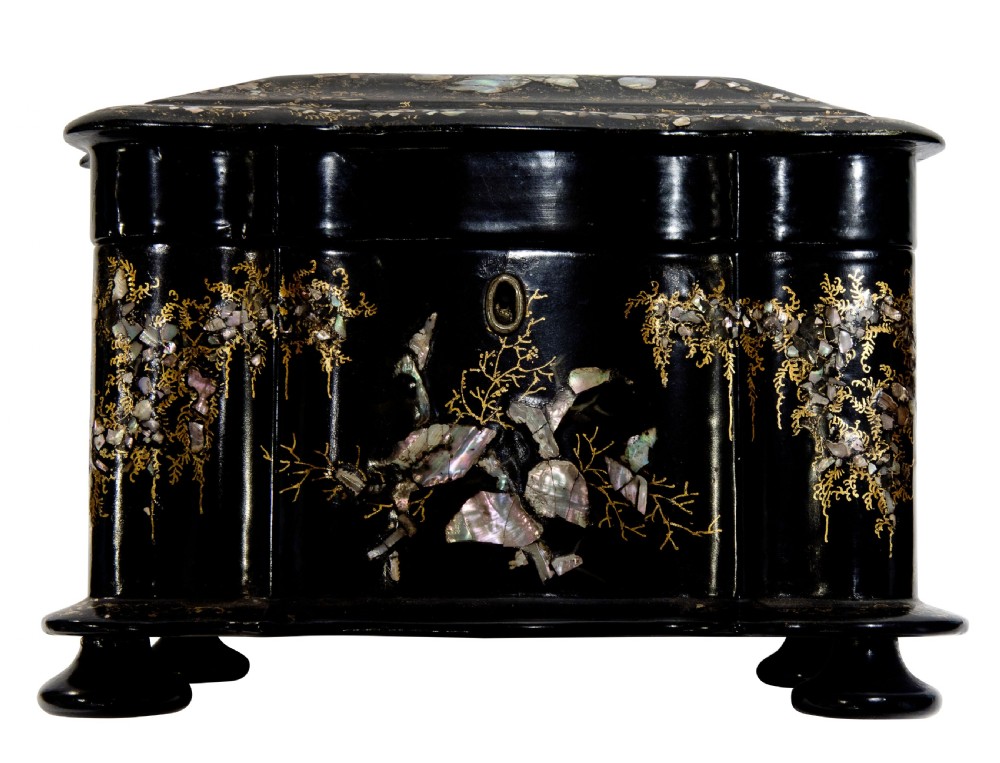 19thC papier mache with mother of pearl tea caddy View VI
