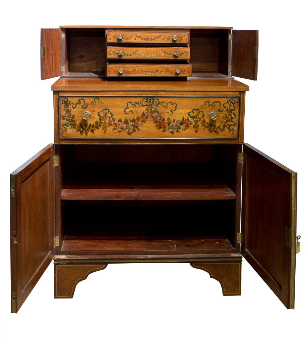 Late 19thC hand painted satinwood/mahogany secretaire & navy leather View II