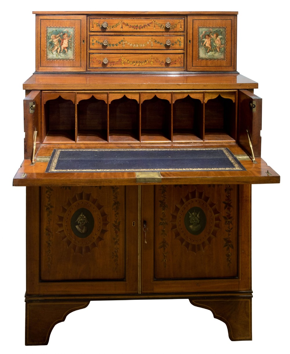 Late 19thC hand painted satinwood/mahogany secretaire & navy leather View III