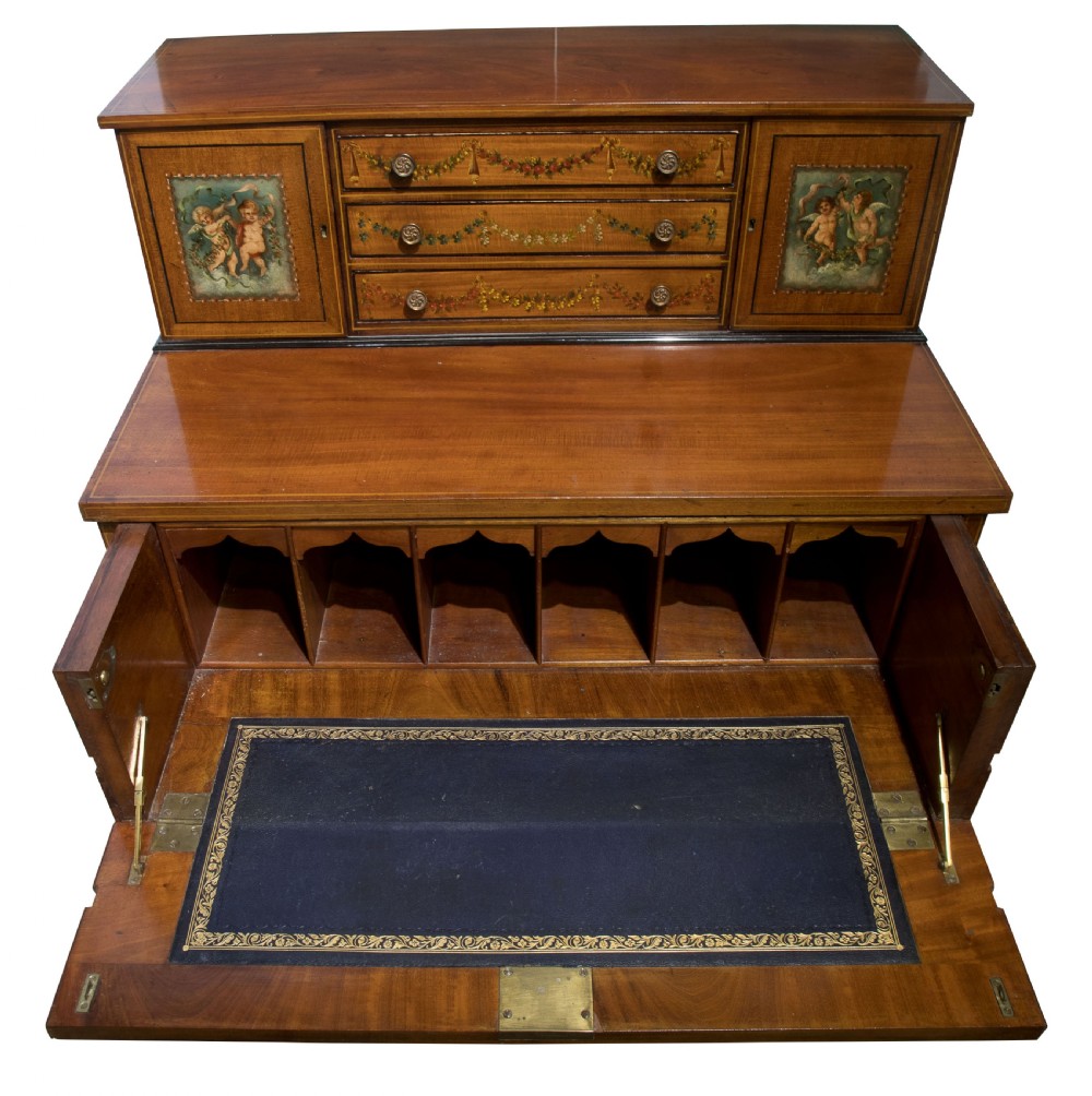 Late 19thC hand painted satinwood/mahogany secretaire & navy leather View V
