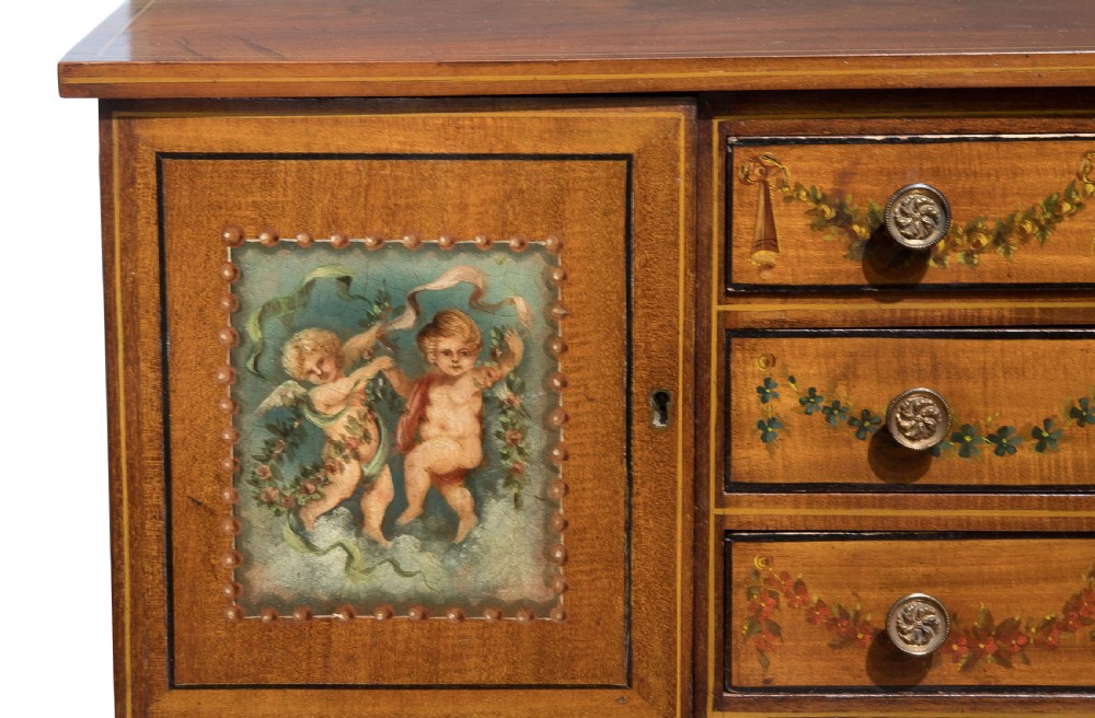 Late 19thC hand painted satinwood/mahogany secretaire & navy leather View VI