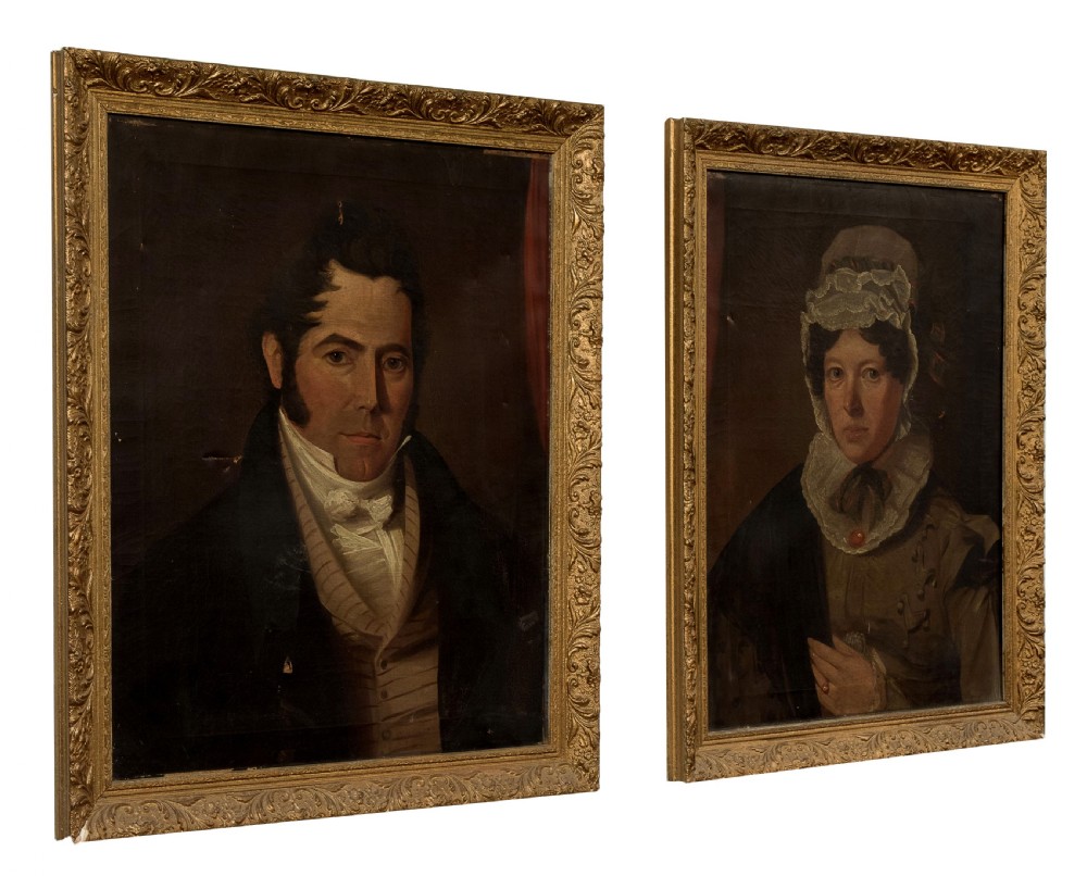 Pair of oil on canvas male & female portraits c1820