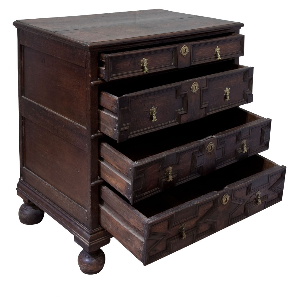 William & Mary period moulded front oak chest on bun feet c1690 View III