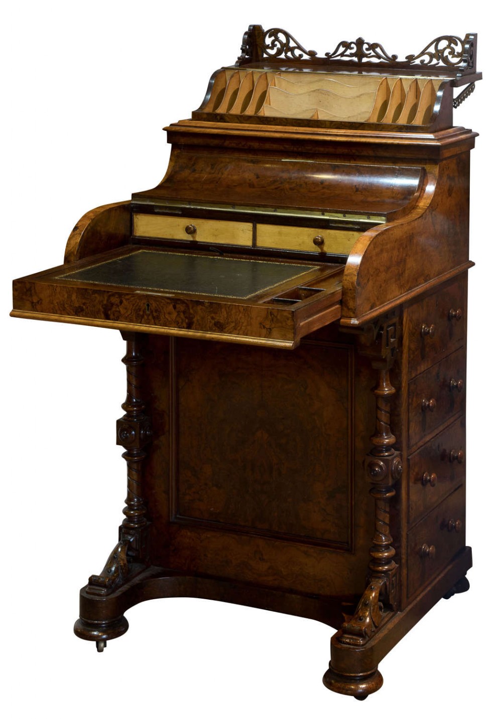 Mid 19thC burr walnut piano front pop-up davenport c1860