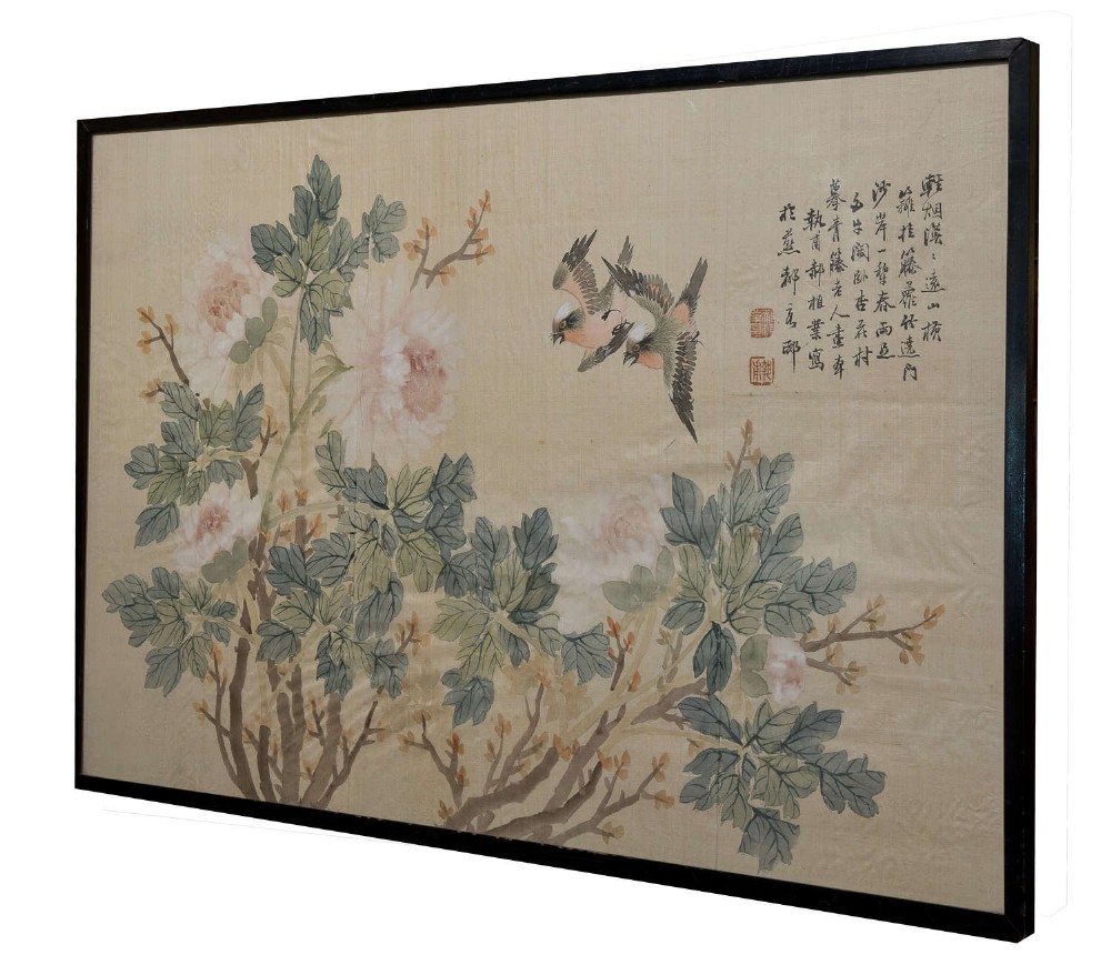 Chinese watercolour on silk of birds amongst flowering camellia c1930