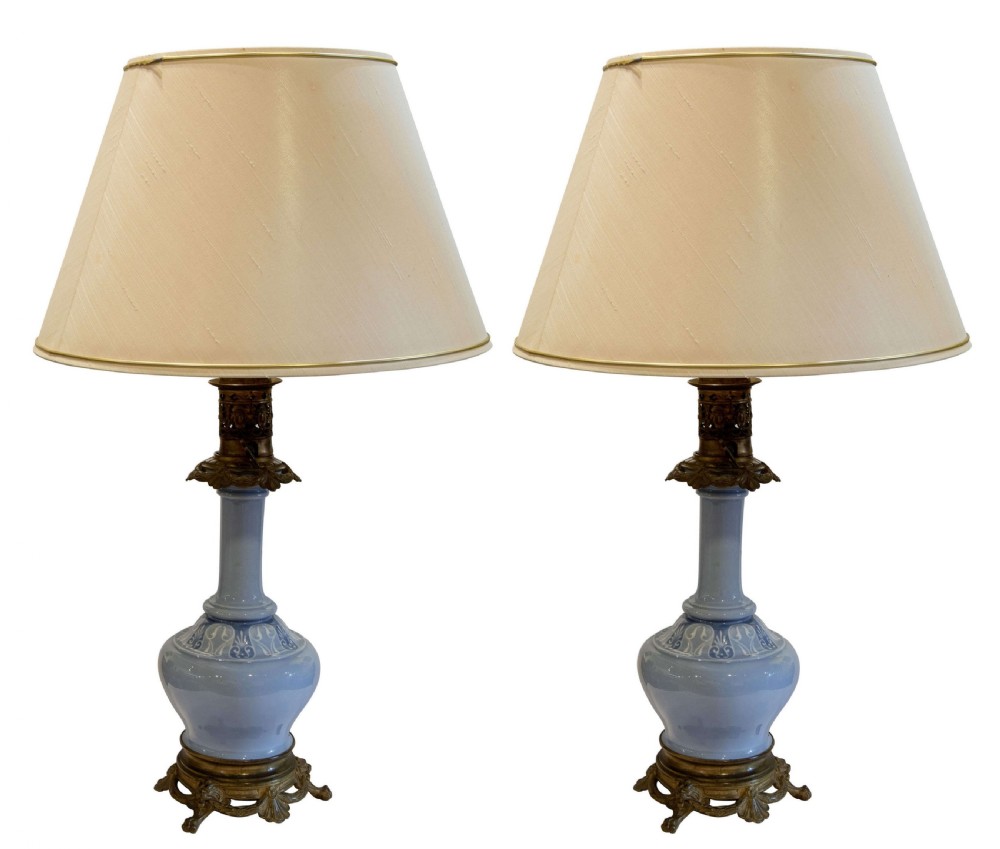 Pair of French 19thC blue oil lamps with gilt metal mounts