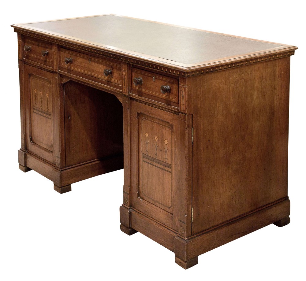 Inlaid walnut arts & crafts kneehole desk with 3 drawers c1890