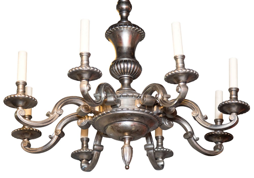 Large 8 light silver metal chandelier in 18thC style c1930 (rewired)
