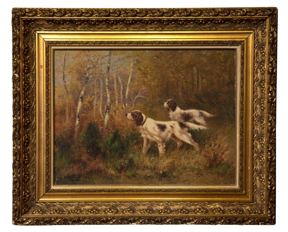Fine oil painting on canvas of two setters in a woodland setting c1920 View II