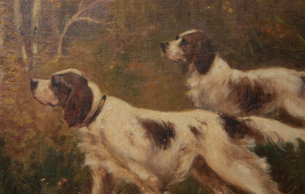 Fine oil painting on canvas of two setters in a woodland setting c1920 View IV