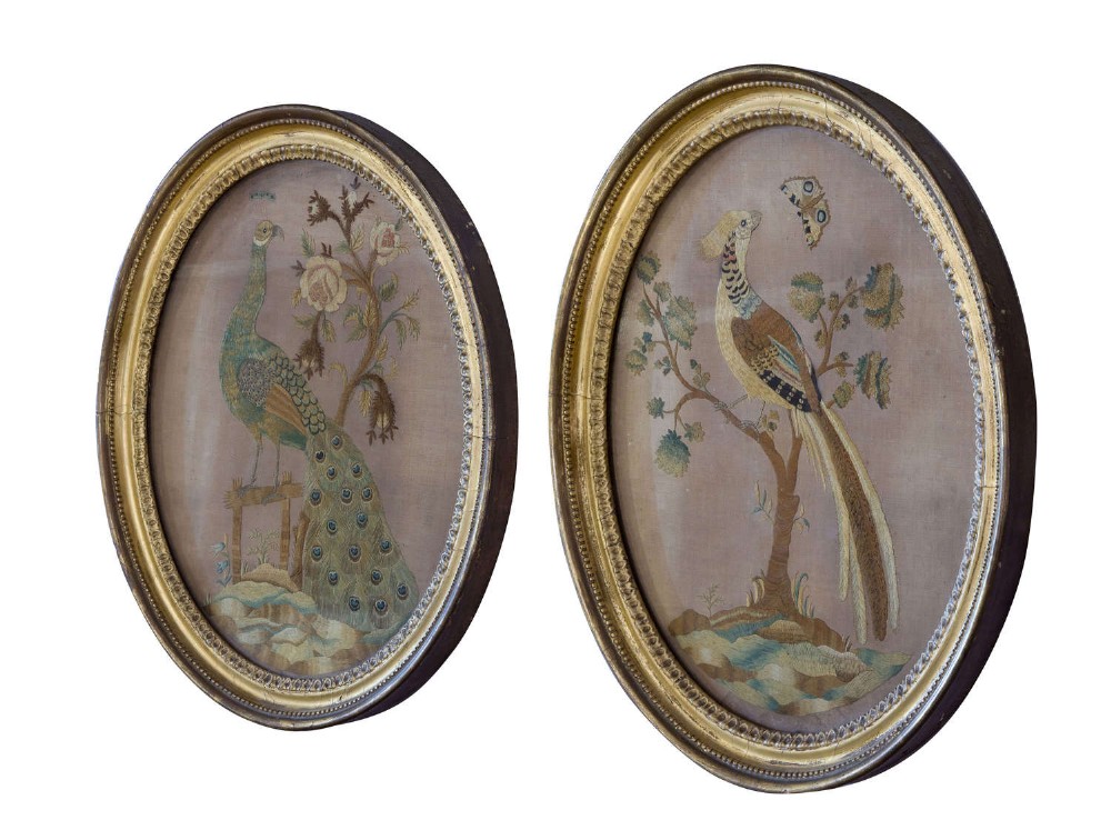 Pair of George III Oval Silk Pictures