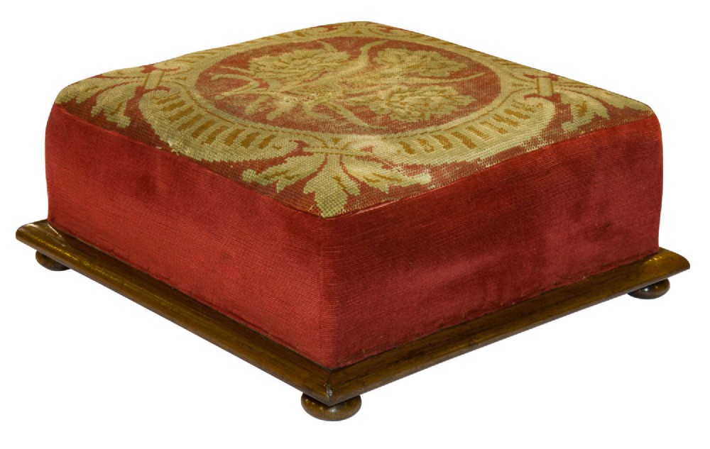 Victorian Mahogany Footstool with needlework and velvet cover