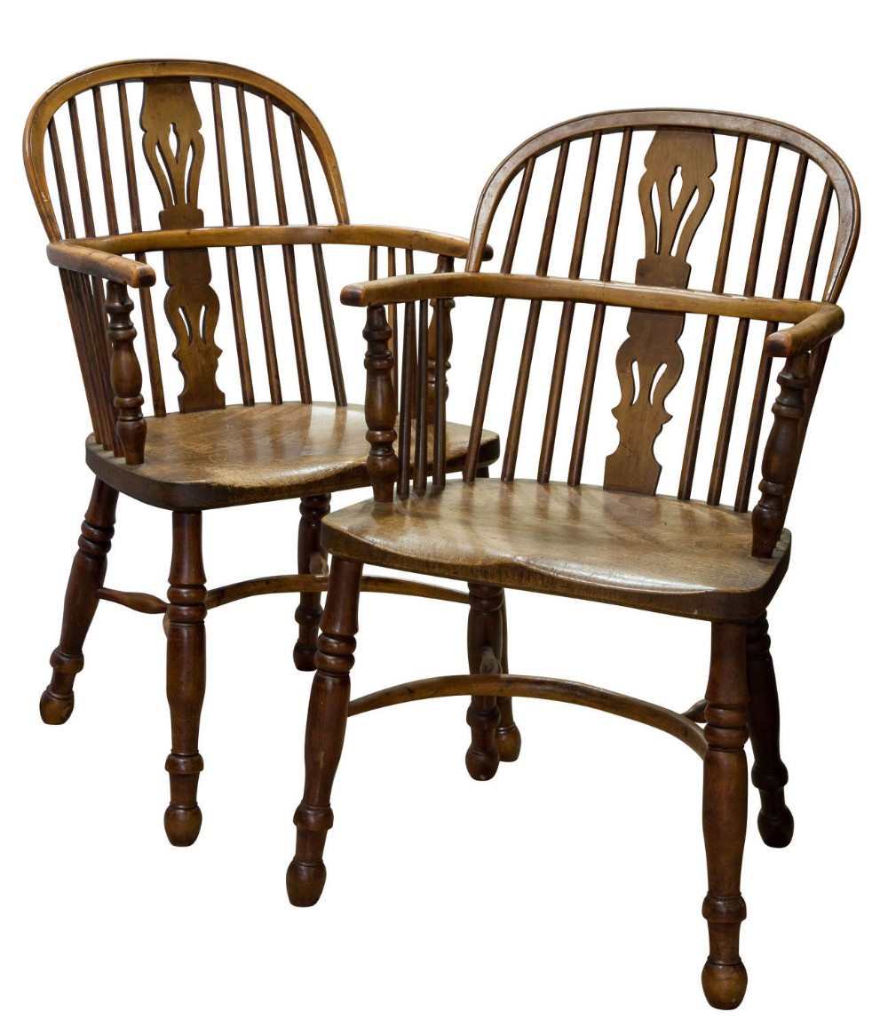A pair of Hoop-Back Yew Wood and Elm Seated Windsor Chairs