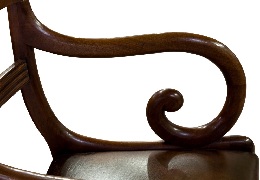 Mahogany Scroll Arm Chair with Brown Leather Seat View IV