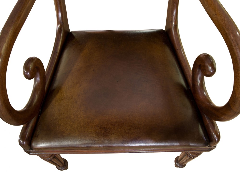 Mahogany Scroll Arm Chair with Brown Leather Seat View VI