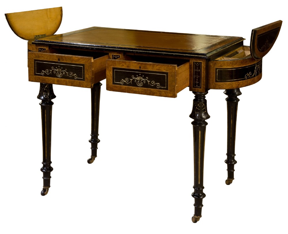 19th Century Burr Walnut & Ebonised Leather Topped Desk View II