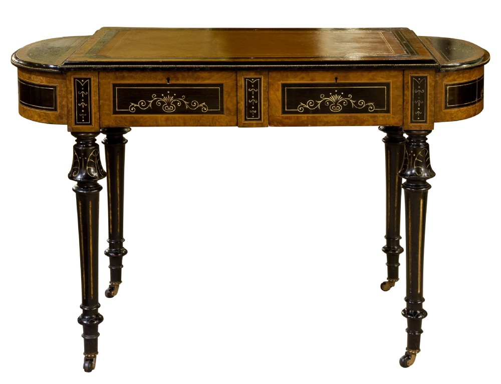 19th Century Burr Walnut & Ebonised Leather Topped Desk View III