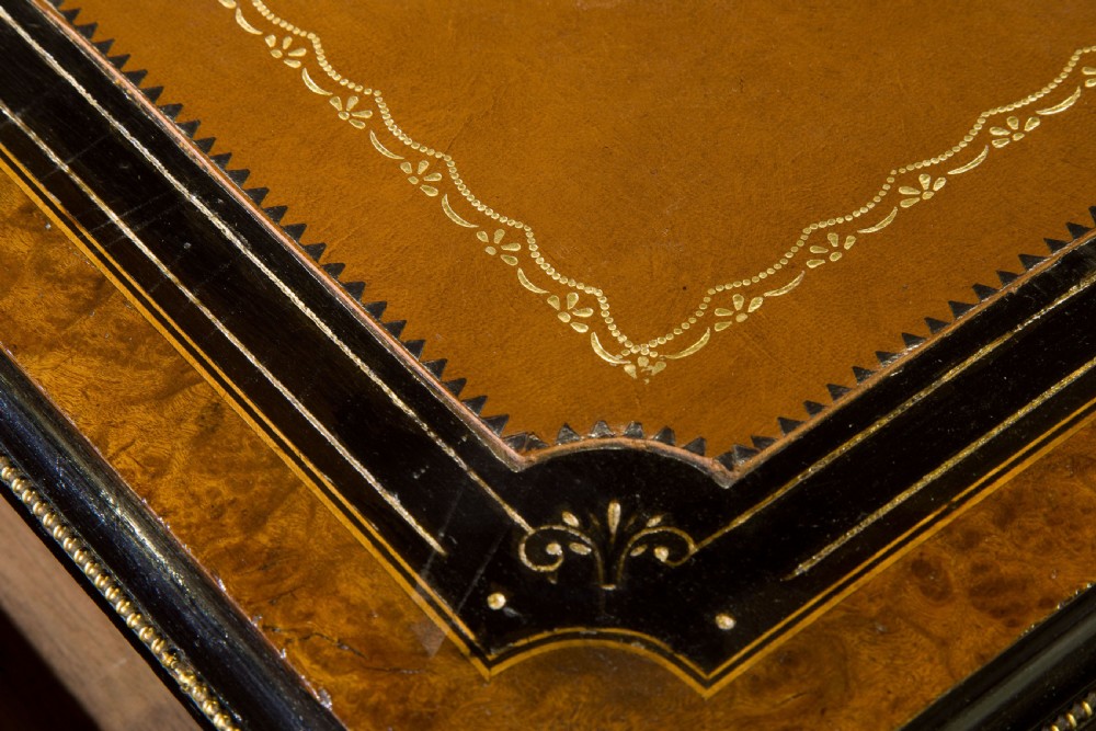 19th Century Burr Walnut & Ebonised Leather Topped Desk View IX