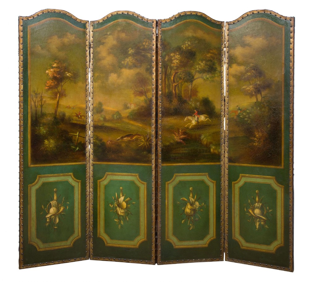 19th Century 4 Fold Screen Painted with a Hunting Scene View II