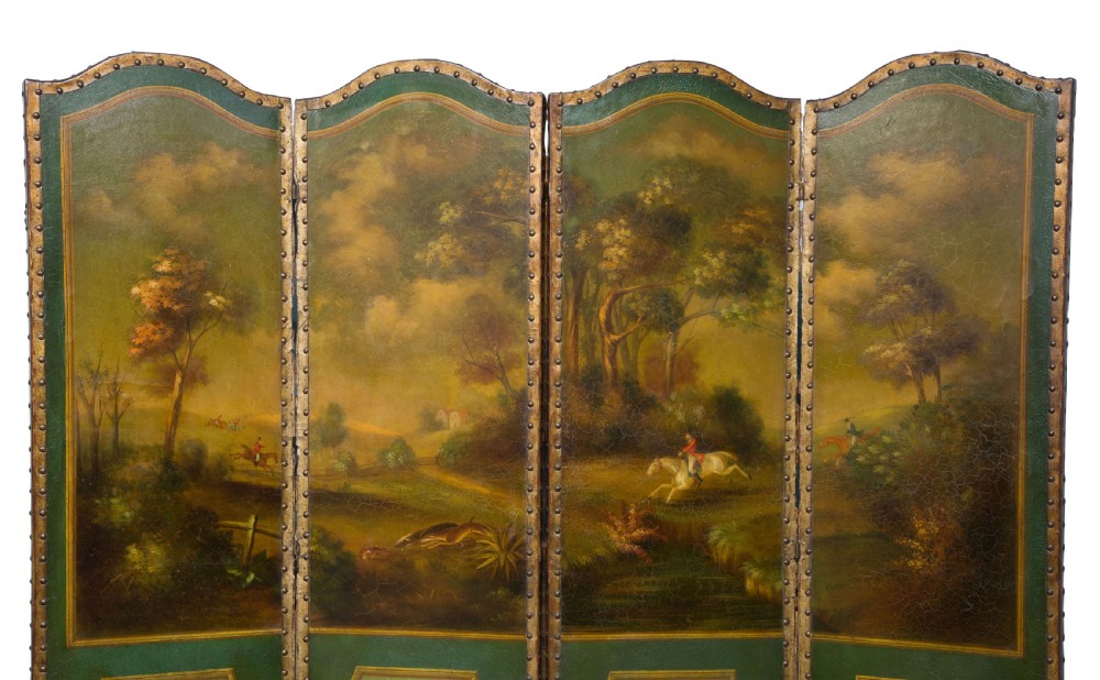19th Century 4 Fold Screen Painted with a Hunting Scene View III