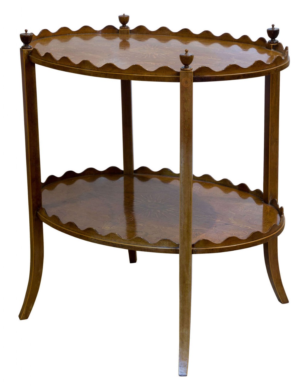 An oval inlaid mahogany 2 tier table by Shoolbred