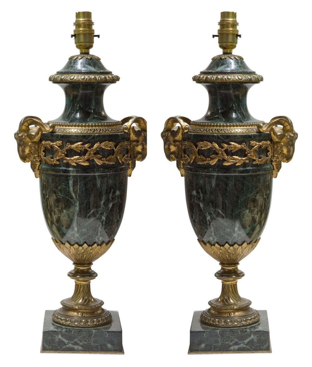 Pair of green marble gilt metal mounted Table Lamps 19thc