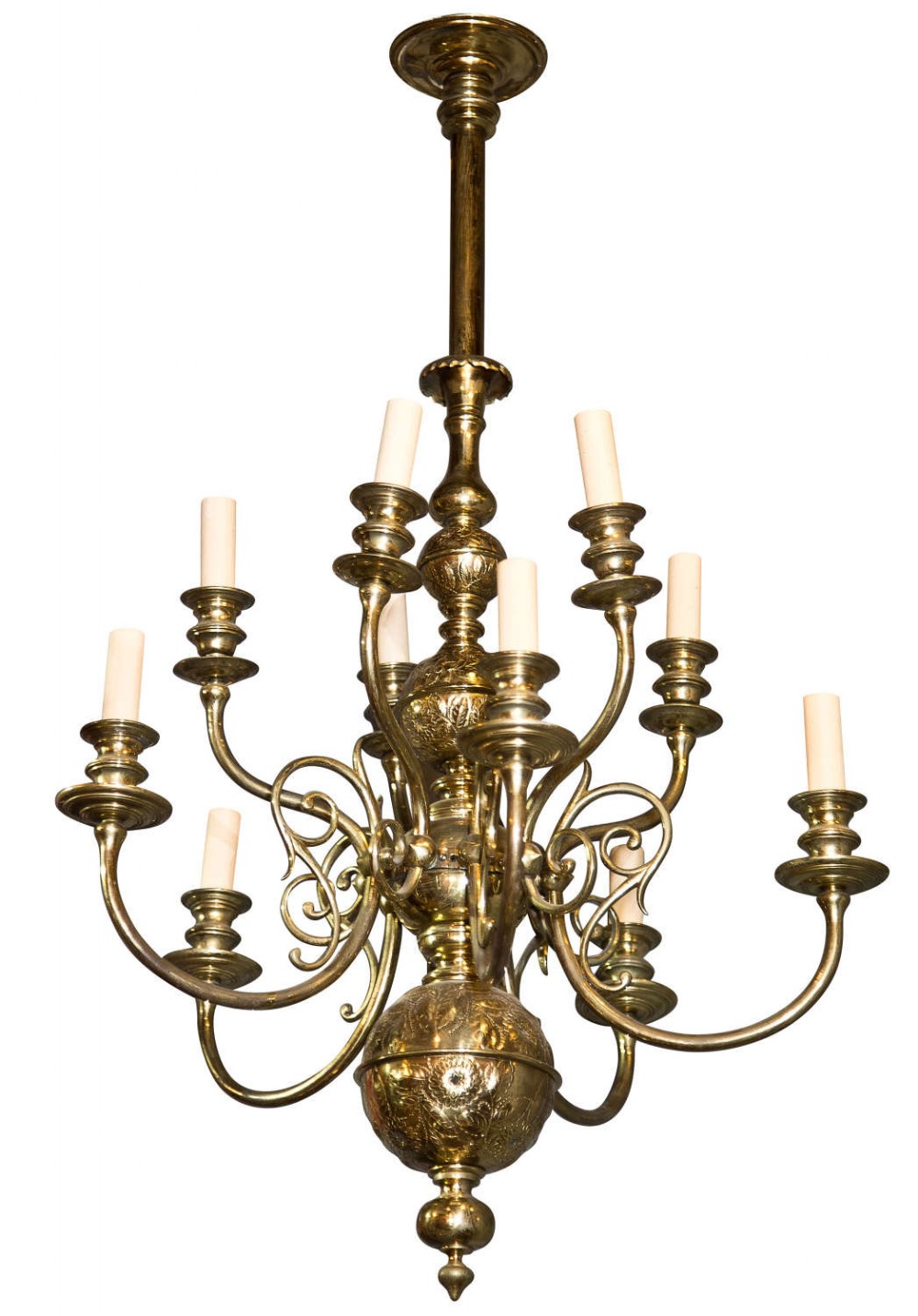 Brass Dutch style 2 tier chandelier with engraved decoration & 10 arms