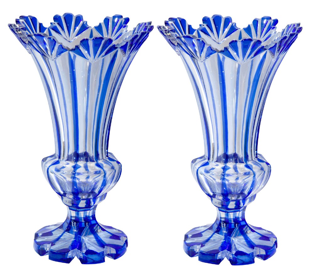 Pair of blue flash overlay glass vases