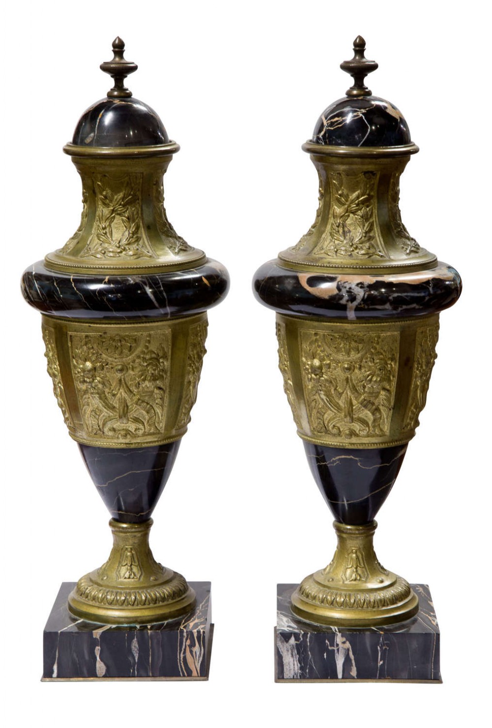 A pair of marble & gilt metal urns