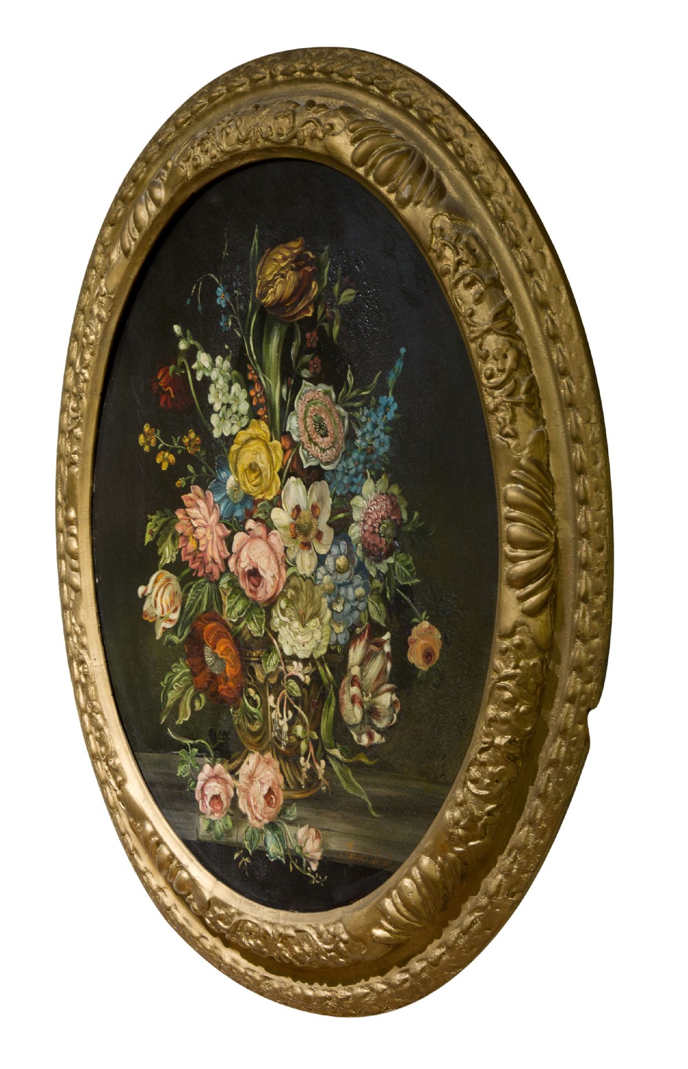 19thc oval oil of still life of flowers