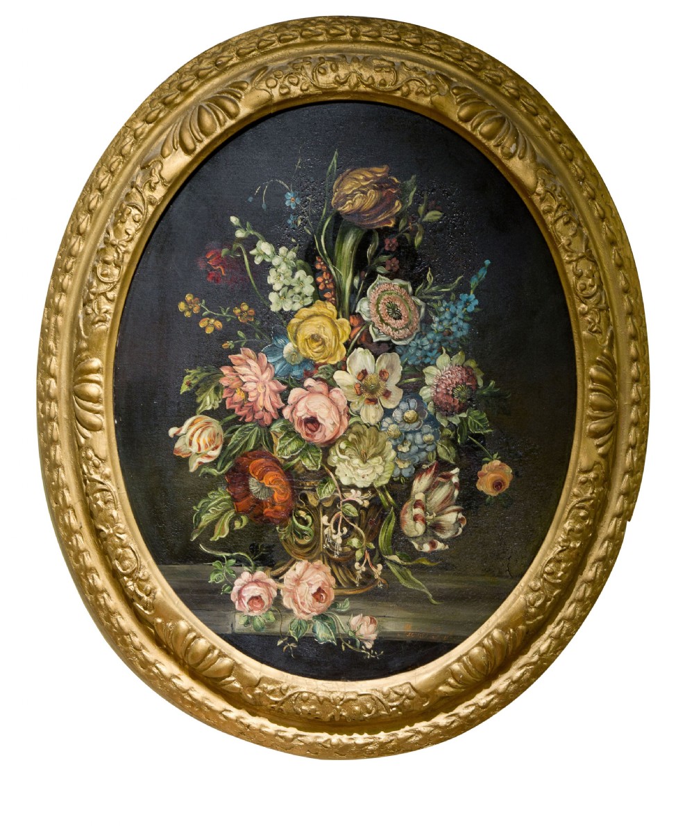19thc oval oil of still life of flowers View II