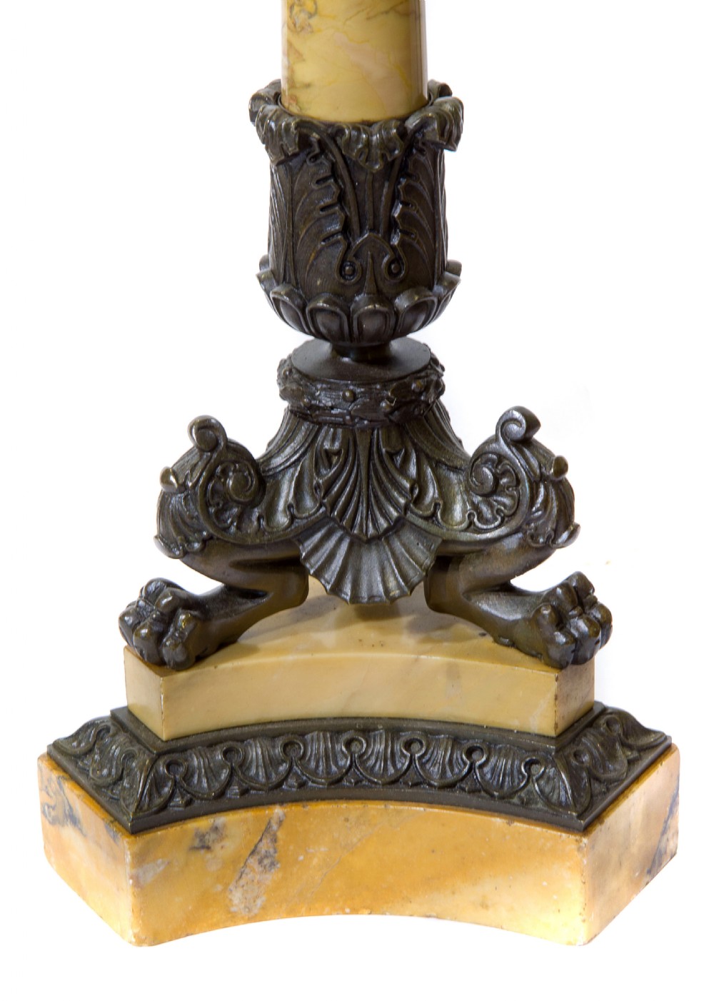 Pair of Charles X bronze & giallo sienna marble candelabra View V