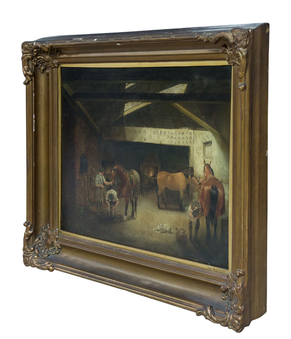 An oil on canvas - showing Farriers at work - signed George Shalders View II