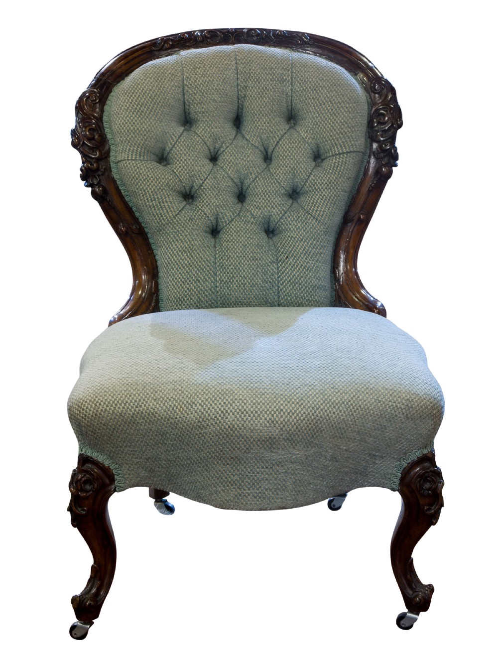 Victorian carved Walnut framed button back easy chair View III