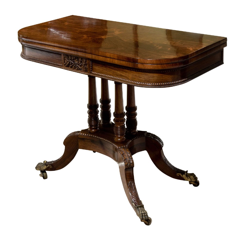 Regency rosewood card table with carved centre panel c1815