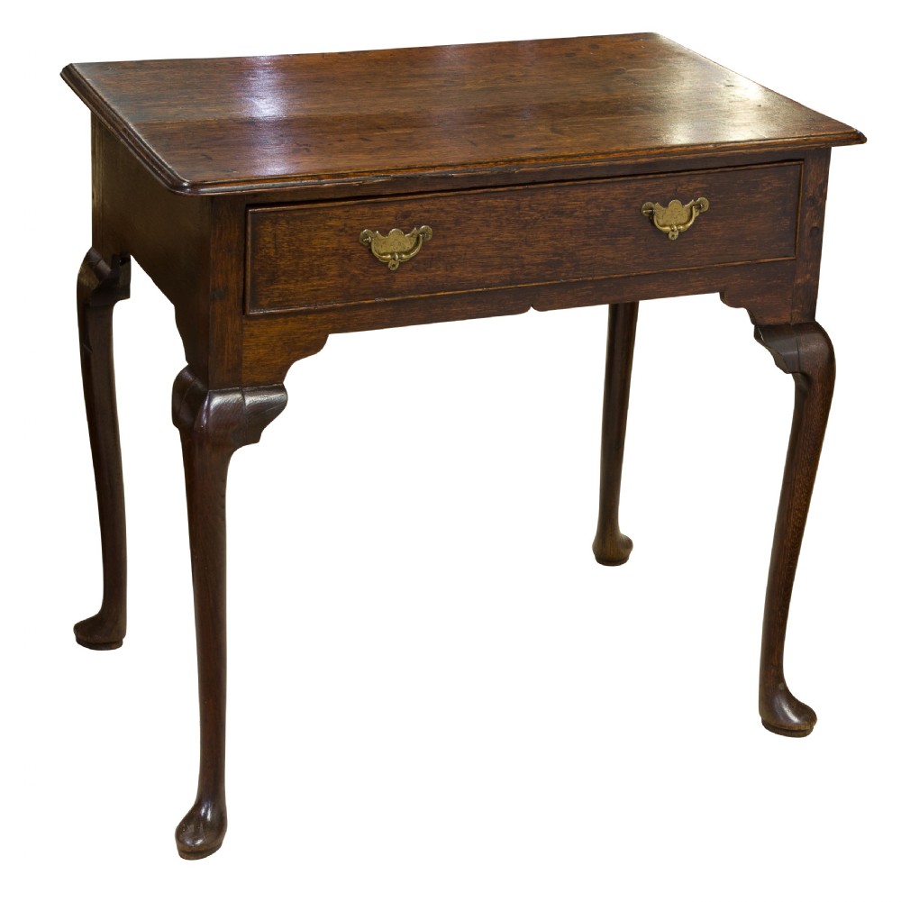 A George II Oak single drawer side table with original brass handles View II