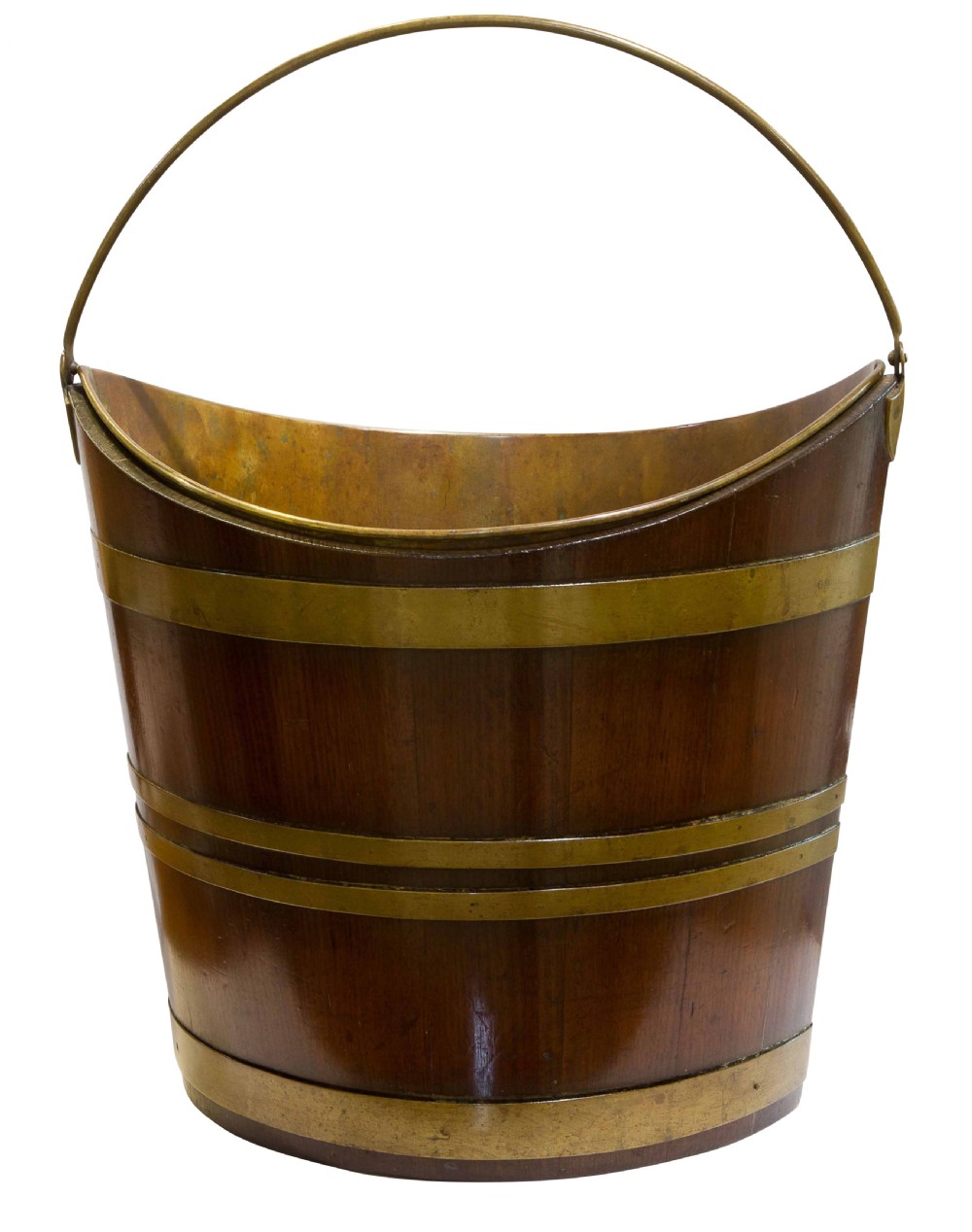 A late Georgian coopered mahogany bucket featuring brass horizontal banding, a removable inner brass liner, and a brass swing handle. View II