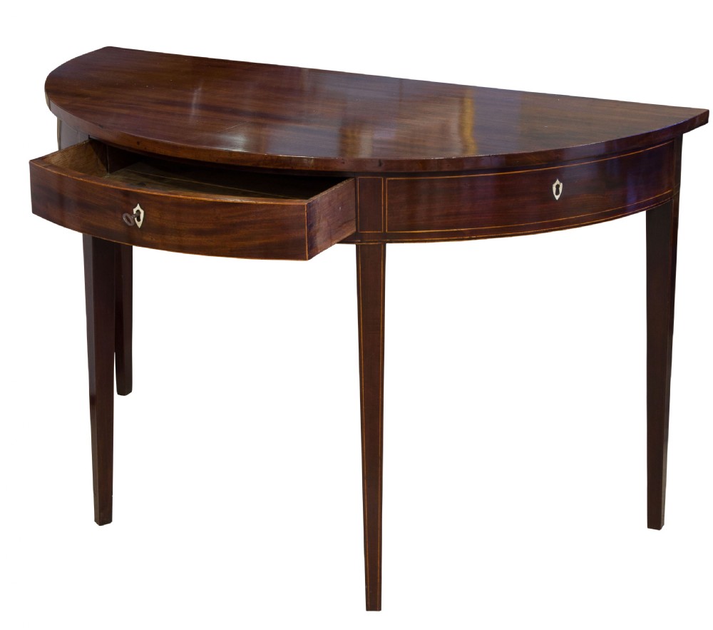 A fine pair of George III Mahogany demi lune side tables View III