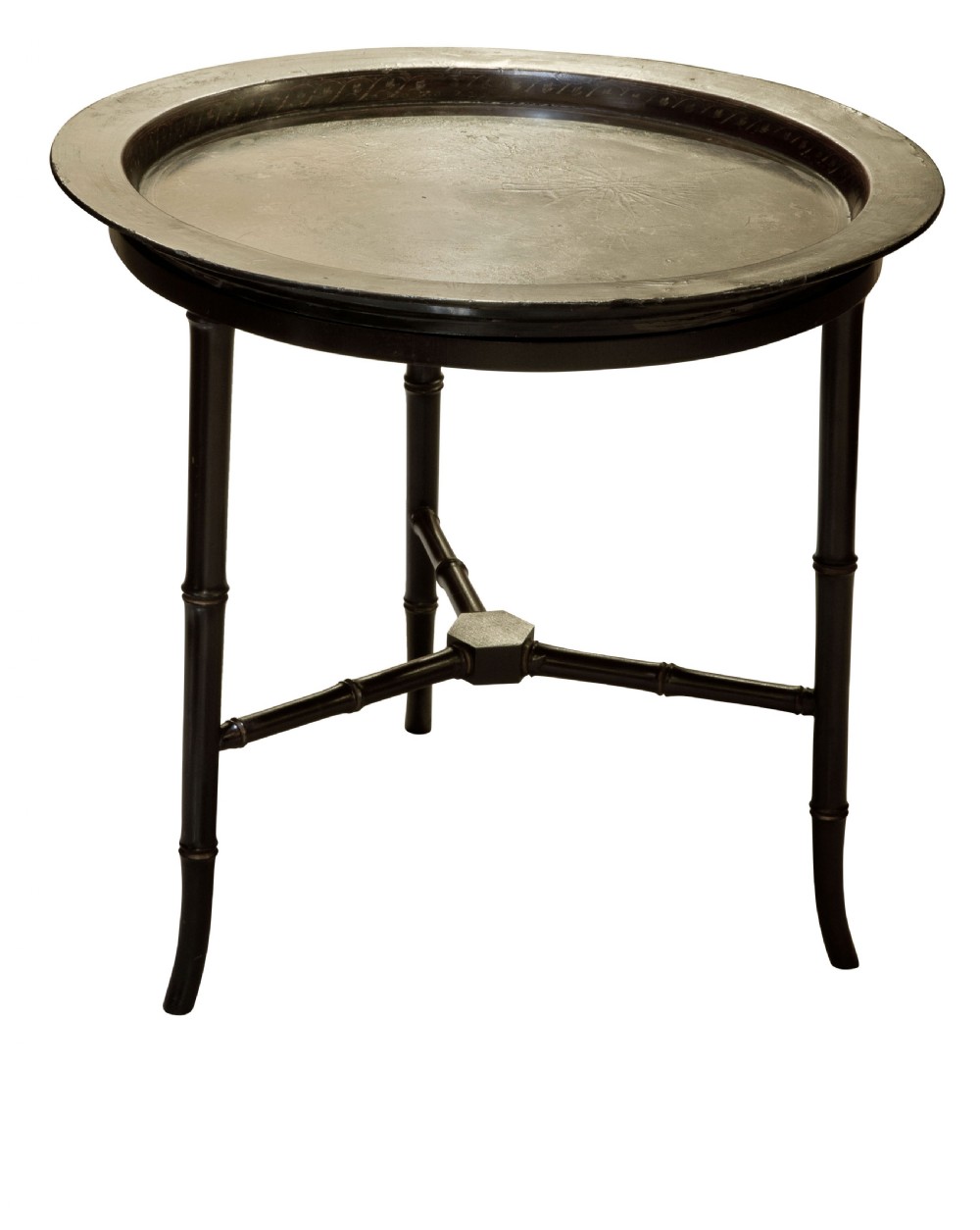 A circular black japanned occasional table featuring a raised tray top and three faux-bamboo turned legs joined by a central stretcher.