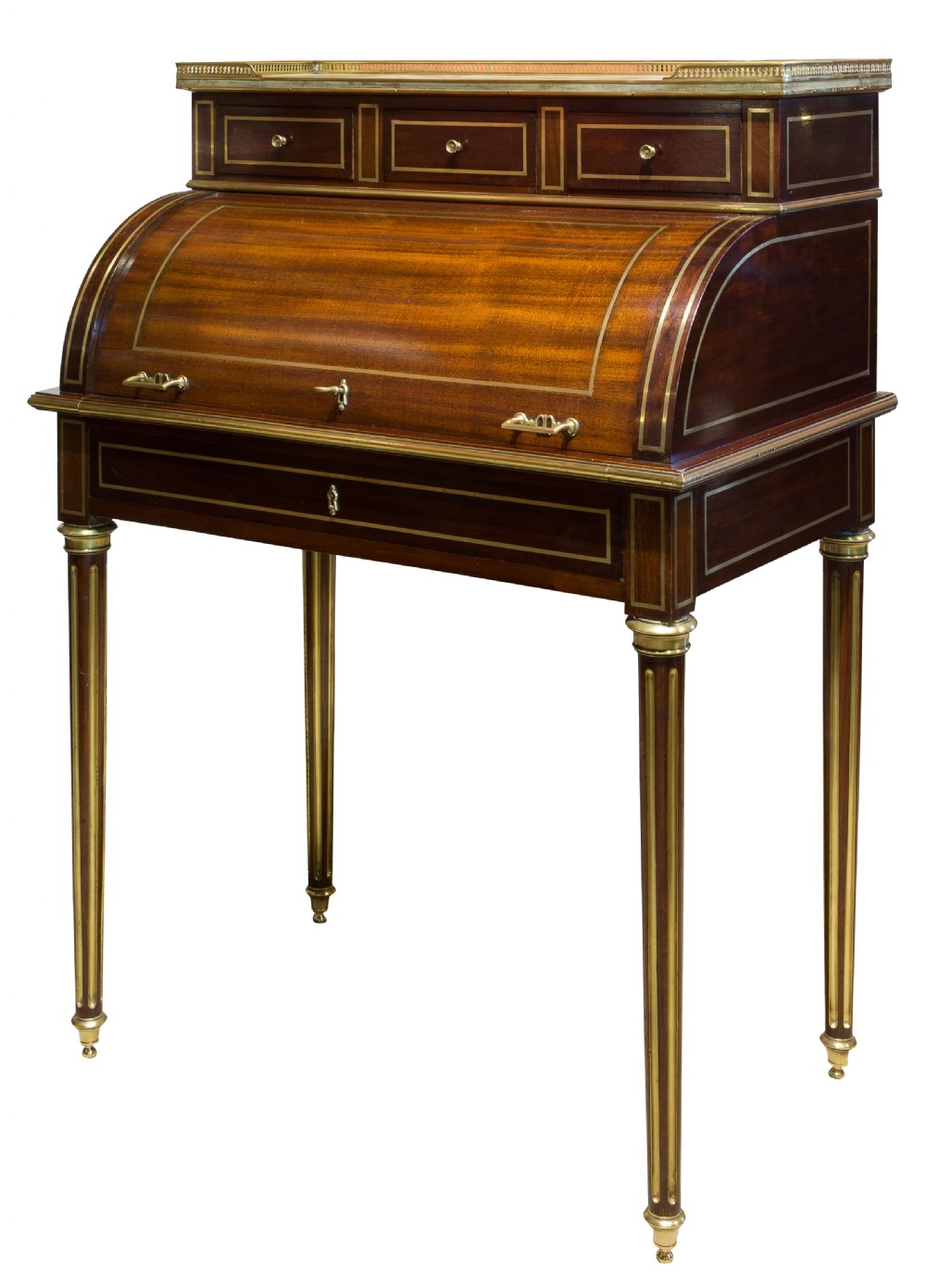 French 19thc Louis XVI style brass inlaid cylinder desk