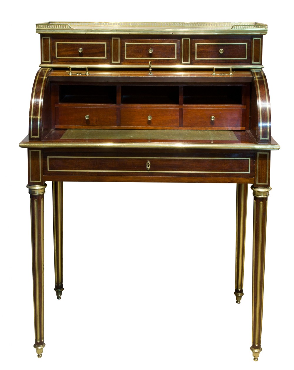 French 19thc Louis XVI style brass inlaid cylinder desk View III