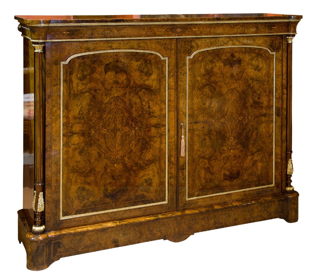 Fine Figured Burr Walnut and Ormulu two door side cabinet