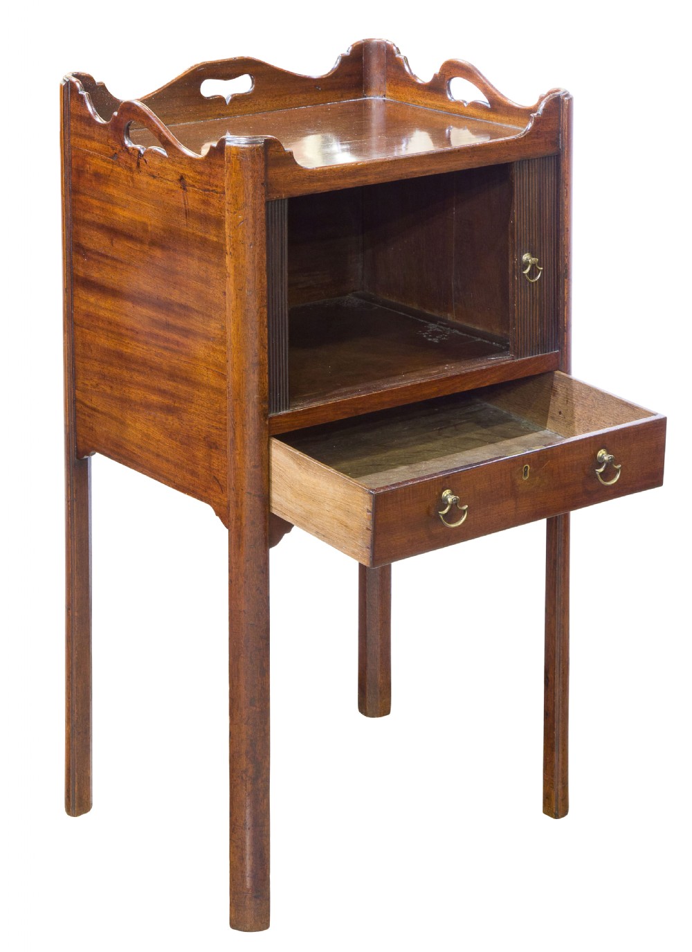 A George III mahogany tambour night stand featuring a cutout gallery top, a slatted sliding door, a single lower drawer with brass handles, and square legs. View II
